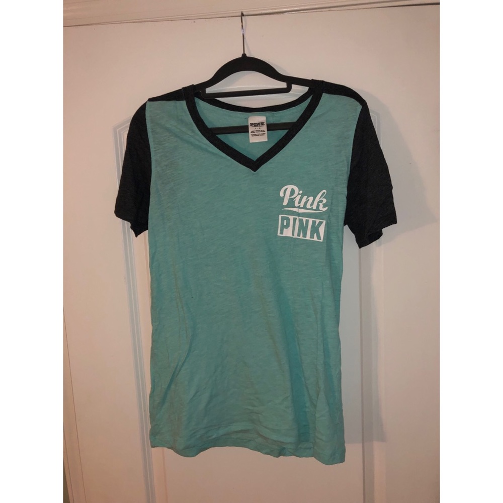 PINK Teal & Black Baseball V Neck Tee